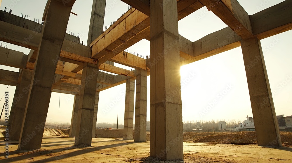 Fototapeta premium Suspended concrete beams forming the structure of a house, supported by pillars