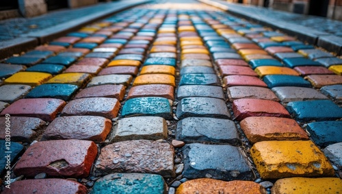 Vibrant cobblestone street pavement with colorful bricks creating a lively urban atmosphere and decorative pathway scene.