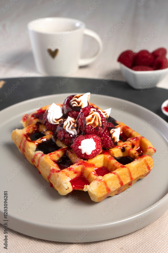 A waffle with raspberries, whipped cream, and raspberry sauce on a gray plate, accompanied by a cup of coffee, cutlery, and bowls with raspberries A waffle with raspberries, whipped cream, and raspberry sauce on a gray plate, accompanied by a cup of coffee, cutlery, and bowls with raspberries
