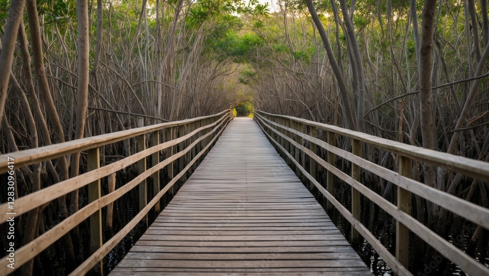 Fototapeta premium Wooden boardwalk pathway through dense mangrove trees with natural light illuminating the scene and copy space for text