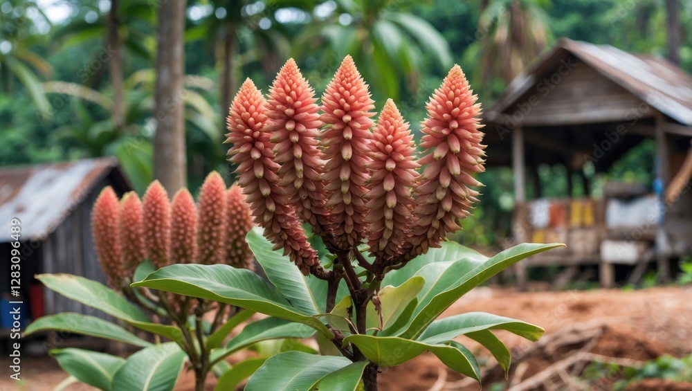 Obraz premium Divi-divi Plant Caesalpinia coriaria Flourishing in Rural Thailand Surrounded by Lush Greenery and Traditional Wooden Structures