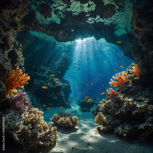 A serene underwater cave with fish and soft corals, illuminated by the sun's rays filtering through the water.