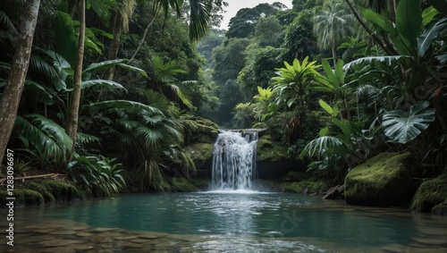 Lush tropical rainforest scene with waterfall cascading into clear pool surrounded by vibrant green foliage and mossy rocks Copy Space