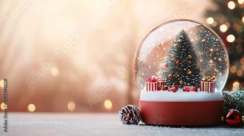 Festive snow globe featuring a red Christmas tree, ideal for holiday designs, greeting cards, and winter promotions. Ample copy space for text overlay. Cozy and minimalistic.