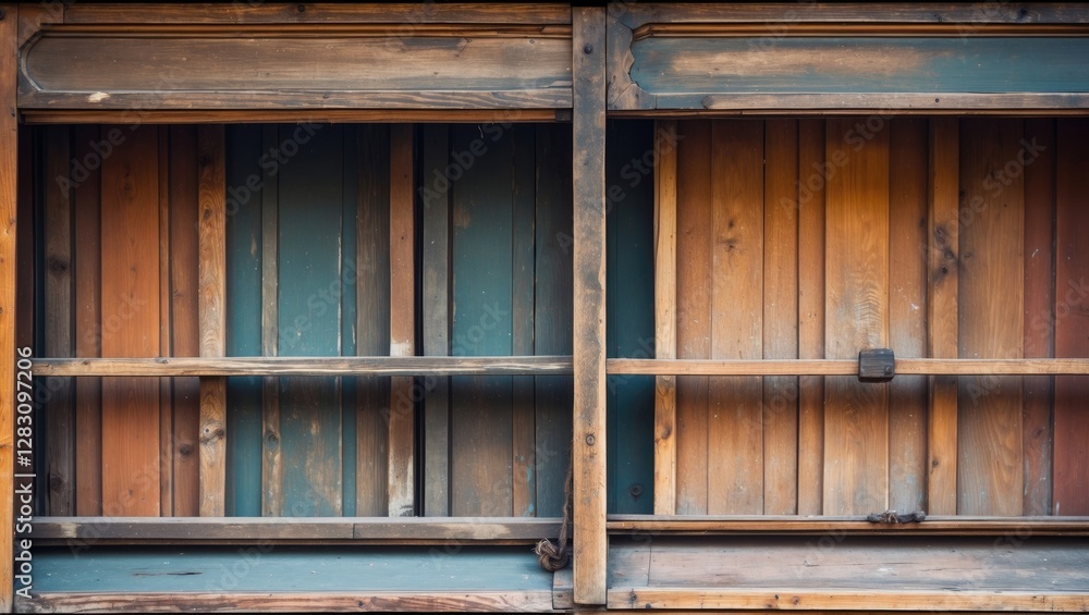 Wooden blinds texture with colorful weathered wood panels showcasing rustic charm and character in a historical architectural detail. Wooden blinds texture with colorful weathered wood panels showcasing rustic charm and character in a historical architectural detail.