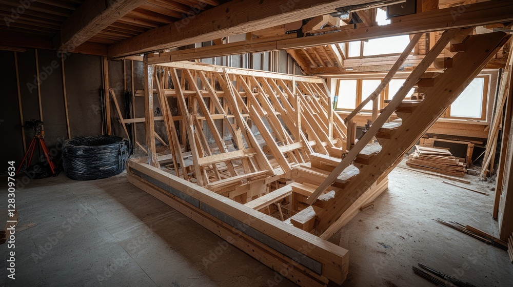 Wooden staircase framework under construction inside a house Wooden staircase framework under construction inside a house