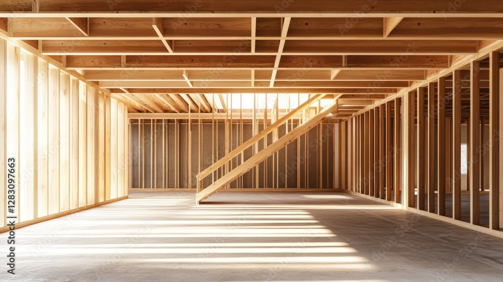 Fototapeta premium Wooden staircase framework under construction inside a house