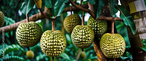 Fototapeta Naklejka Na Ścianę i Meble -  Durian fruits hanging on a tree in Thailand amidst lush greenery showcasing the king of fruits in Southeast Asia's tropical landscape.