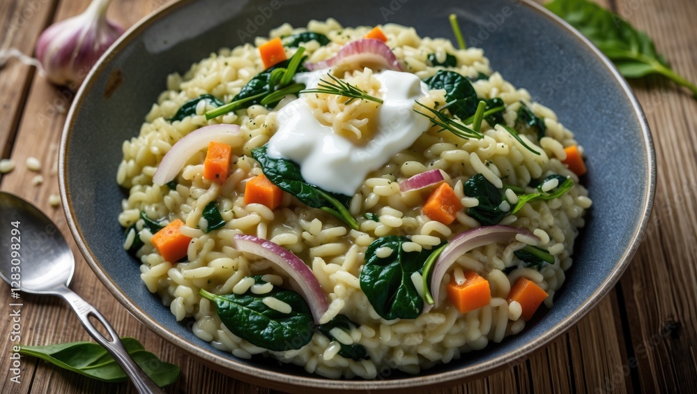 Homemade spinach and carrot risotto topped with yogurt on a rustic wooden background showcasing fresh ingredients and vibrant colors. Homemade spinach and carrot risotto topped with yogurt on a rustic wooden background showcasing fresh ingredients and vibrant colors.