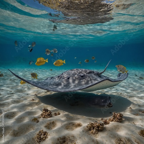 A stingray gliding across the sandy ocean floor with fish swimming above.