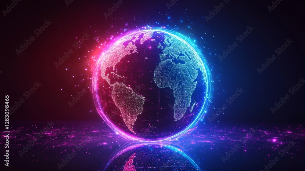 Digital globe showcasing continents in vibrant colors against a dark background with glowing effects and sparkles Digital globe showcasing continents in vibrant colors against a dark background with glowing effects and sparkles