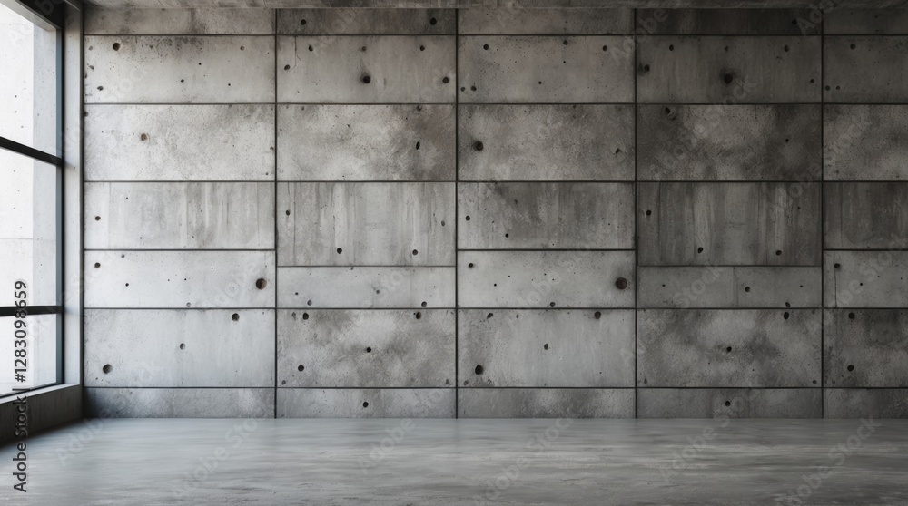 Industrial concrete wall texture with polished floor and large window showcasing minimalistic urban design and modern architectural elements. Industrial concrete wall texture with polished floor and large window showcasing minimalistic urban design and modern architectural elements.
