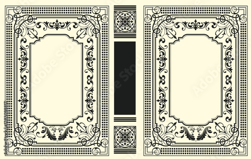 015-21-Classic book cover and spine design with intricate frames, decorative borders, and flourishes, ideal for vintage or antique book projects. Hand drawn Illustration