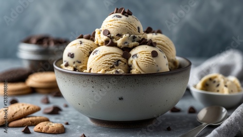 Chocolate chip cookie dough ice cream scoops in modern bowl with cookies and chocolate chips on gray table Copy Space photo