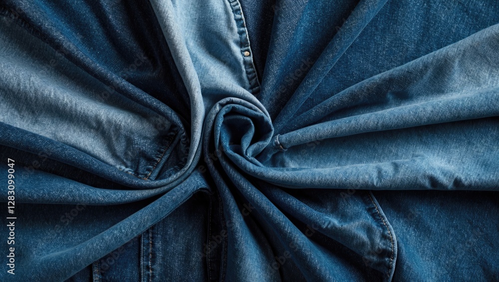 Naklejka premium Denim fabric texture in a spiral arrangement showcasing varying shades of blue for fashion and textile backgrounds.