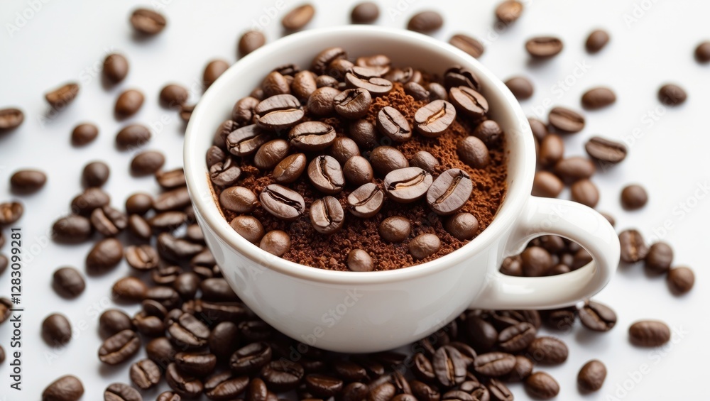 Cup filled with ground coffee topped with whole coffee beans surrounded by scattered coffee beans on a bright white background Cup filled with ground coffee topped with whole coffee beans surrounded by scattered coffee beans on a bright white background