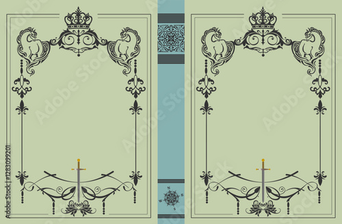 015-22-Classic book cover and spine design with intricate frames, decorative borders, and flourishes, ideal for vintage or antique book projects. Hand drawn Illustration