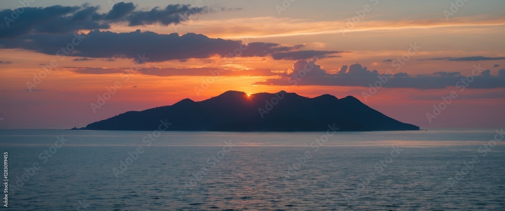 Fototapeta premium Sunset over a tranquil island silhouetted against colorful sky with reflection on water near coast Copy Space
