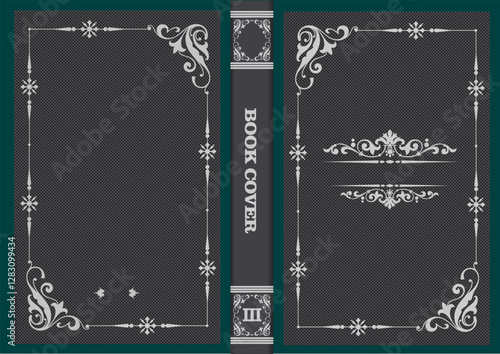 015-23-Classic book cover and spine design with intricate frames, decorative borders, and flourishes, ideal for vintage or antique book projects. Hand drawn Illustration