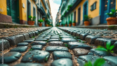 Cobblestone street perspective with green plants in urban setting showcasing architectural details and textures in a Brazilian city. photo