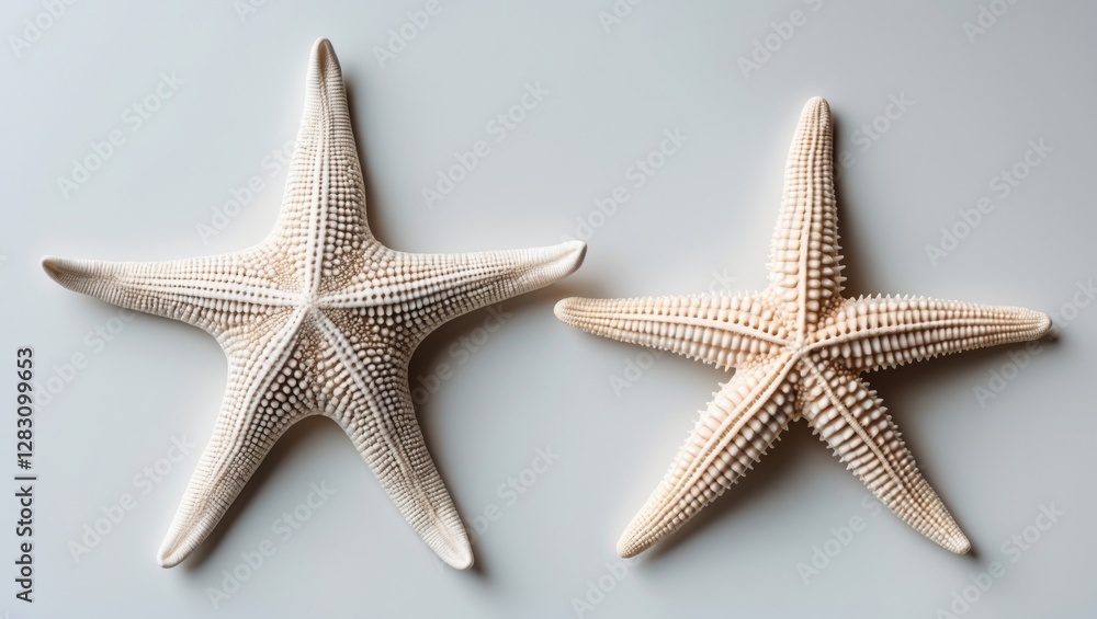 Two starfish shells displayed on a light surface showcasing natural textures and colors with Copy Space for text placement Two starfish shells displayed on a light surface showcasing natural textures and colors with Copy Space for text placement