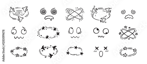 Dizzy effect drawing hand drawn doodle cartoon set. dizzy faces, birds and stars overhead emotions drawing.