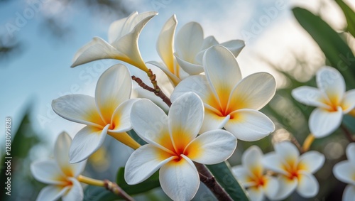 Close-up of white plumeria flowers with yellow centers surrounded by green leaves natural background Copy Space
