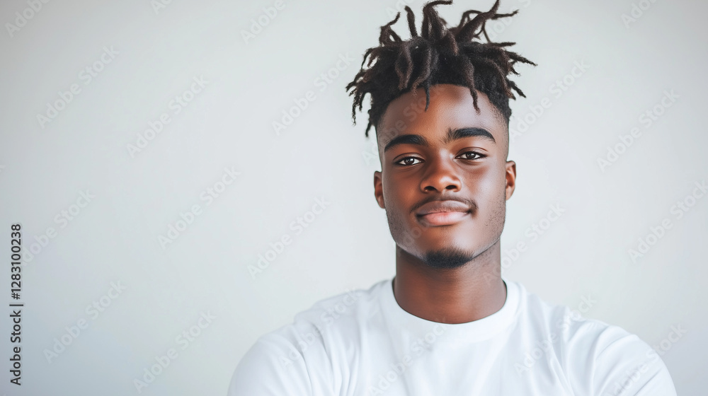 Obraz premium young man with a confident expression gazes directly at the camera, standing against a neutral white background. His bold and self-assured demeanor creates an impactful portrait.yo