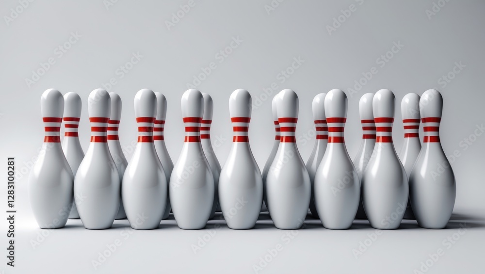 Bowling pins arranged in two rows with red stripes on the top, minimalist background, studio lighting, Copy Space Bowling pins arranged in two rows with red stripes on the top, minimalist background, studio lighting, Copy Space