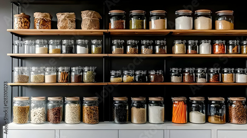 Wallpaper Mural Organized Collection of Food Jars on Wooden Shelves Against Dark Wall Torontodigital.ca