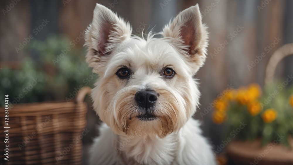 Close-up portrait of a small white dog with upright ears and expressive eyes in a cozy environment with flowers and greenery, Copy Space