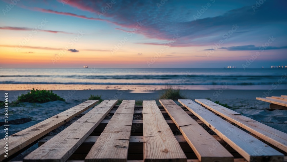 Fototapeta premium Wooden pallet on sandy beach during sunset with ocean waves and colorful sky in background, Copy Space available for text placement