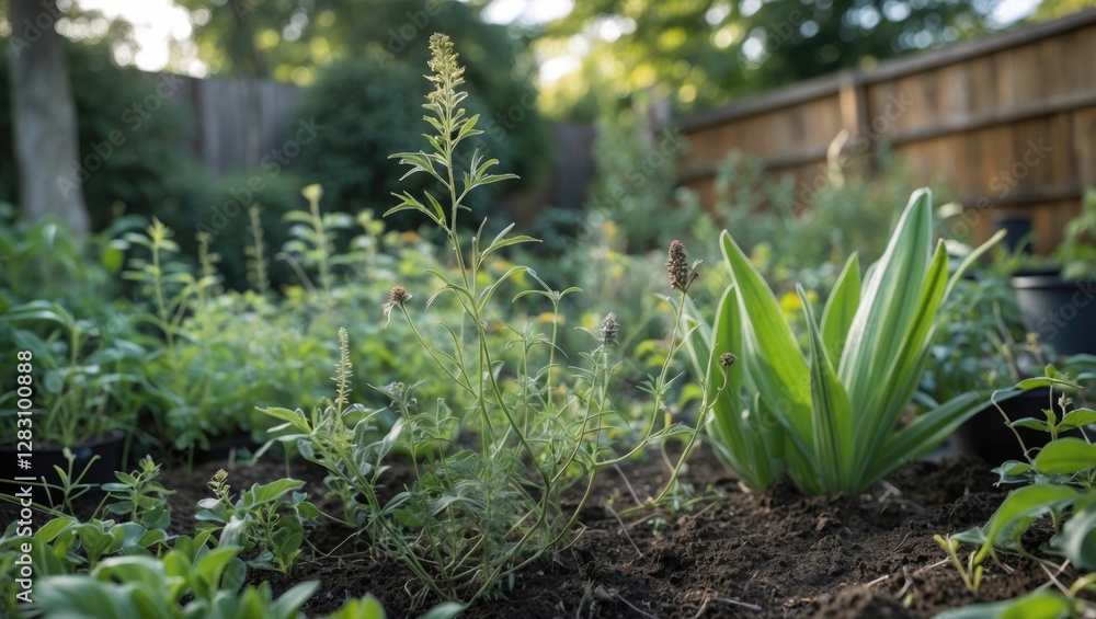 Fototapeta premium Lush green garden with various plants and flowers in a backyard setting during daylight with natural sunlight and soft focus on background. Copy Space