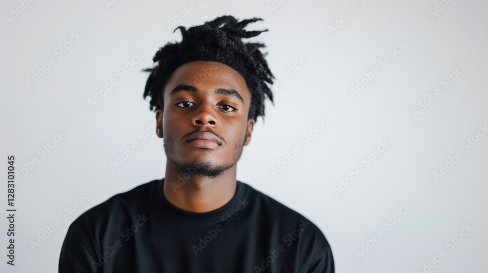 Obraz premium young man exudes confidence as he looks straight into the camera, standing in front of a plain white background. His focused gaze and composed demeanor reflect a sense of control a