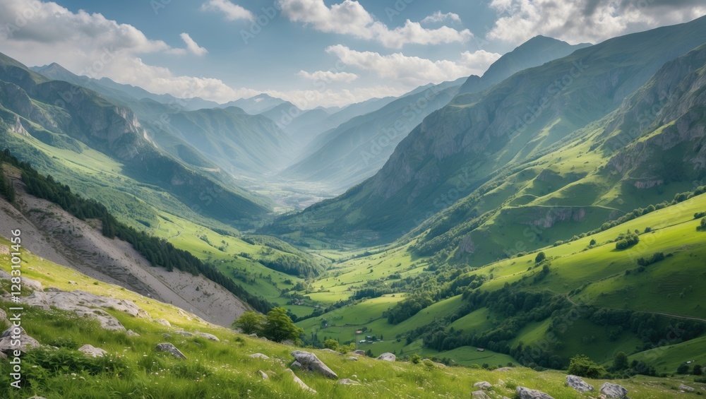 Breathtaking panoramic view of lush green valley surrounded by majestic mountains under a cloudy sky with sunlight filtering through Copy Space Breathtaking panoramic view of lush green valley surrounded by majestic mountains under a cloudy sky with sunlight filtering through Copy Space