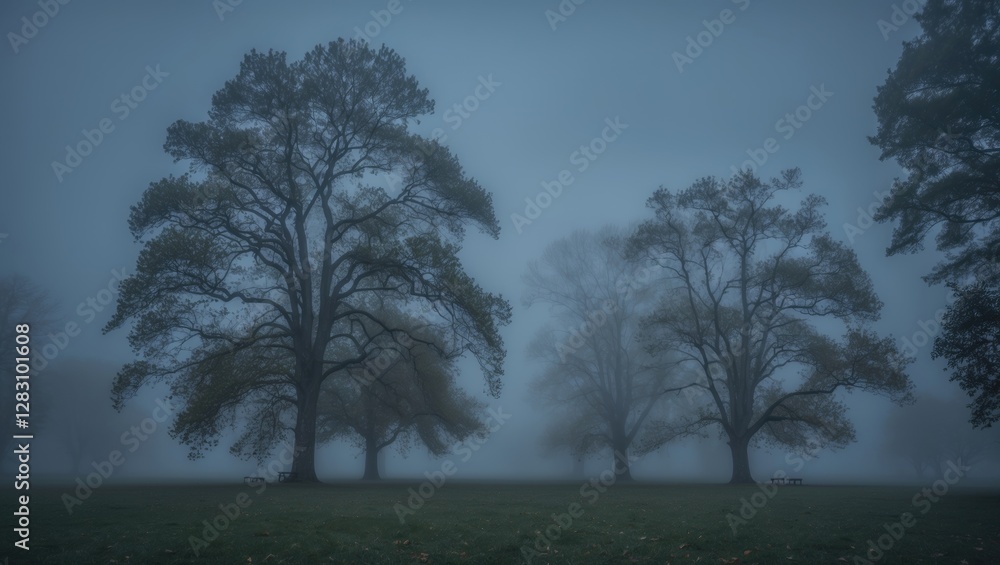Misty forest landscape with tall trees in foggy atmosphere creating a mysterious ambiance Copy Space Misty forest landscape with tall trees in foggy atmosphere creating a mysterious ambiance Copy Space