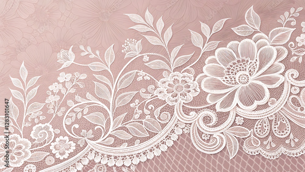 Fototapeta premium White Lace Texture Overlay on a Blush Pink Background with Intricate Floral Patterns elegant white lace texture featuring intricate floral patterns delicately layered over a soft blush pink 