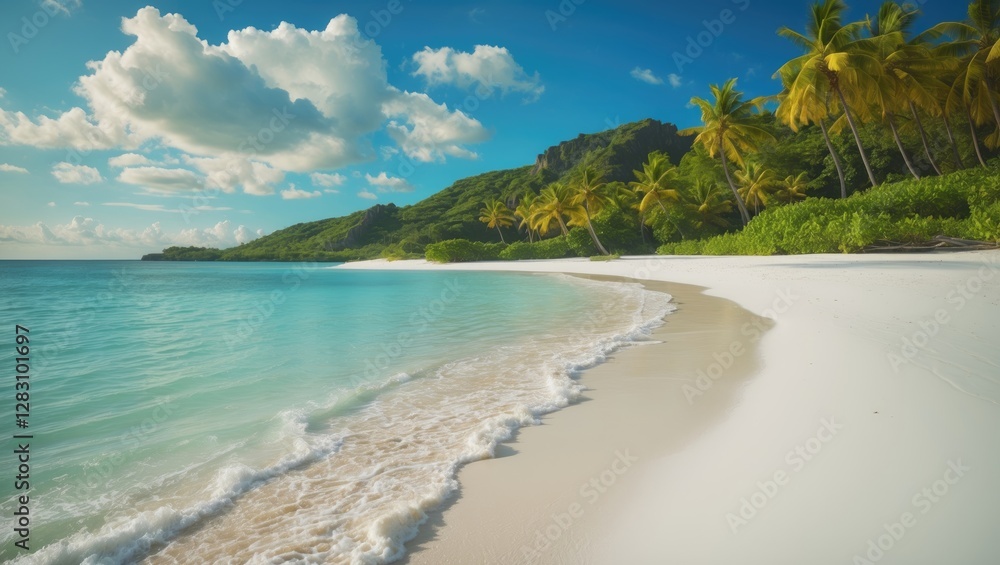 Tropical beach landscape with white sand, clear turquoise water, lush green palm trees, and blue sky with clouds, Copy Space Tropical beach landscape with white sand, clear turquoise water, lush green palm trees, and blue sky with clouds, Copy Space