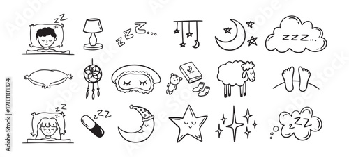 Hand drawn doodle Set of Sleep Related. Sleeping drawing icons
