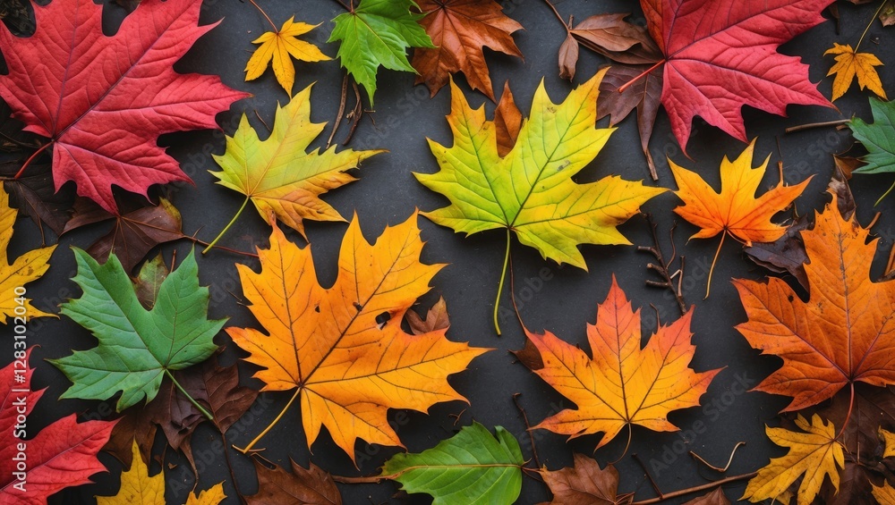 Vibrant autumn maple leaves arranged on a dark background showcasing a rich tapestry of color and texture in nature's beauty Vibrant autumn maple leaves arranged on a dark background showcasing a rich tapestry of color and texture in nature's beauty