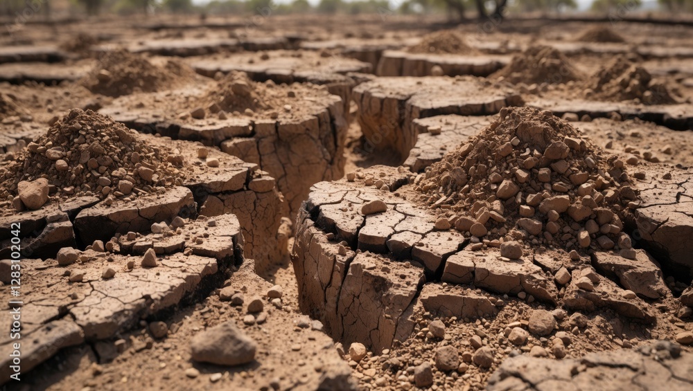 Fototapeta premium Cracked dry soil landscape with scattered pebbles during drought emphasizing environmental issues and agricultural challenges.