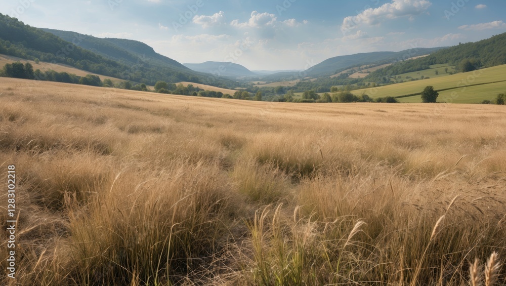 Fototapeta premium Vast golden grassland landscape with rolling hills under a blue sky and soft clouds Copy Space