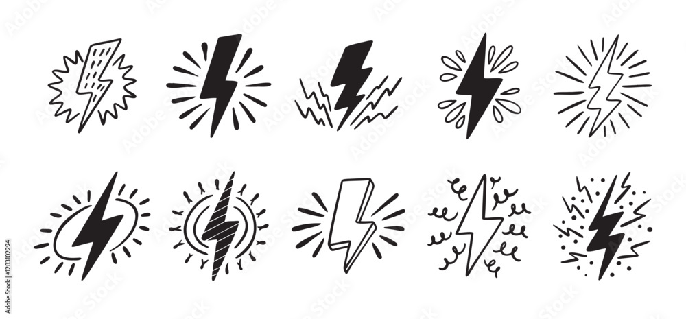 Hand drawn doodle electric lightning symbol sketch set. sparkling emblem. thunder single icons Hand drawn doodle electric lightning symbol sketch set. sparkling emblem. thunder single icons
