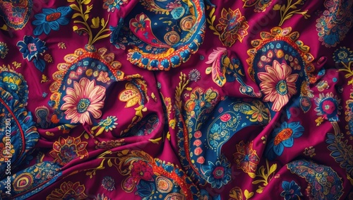 Wallpaper Mural Colorful Indian paisley textile pattern with vibrant floral motifs on rich magenta fabric, ideal for home decor or fashion design. Torontodigital.ca