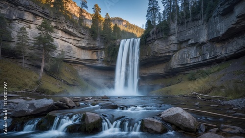Majestic waterfall cascading over rocky cliffs surrounded by pine trees in a serene landscape with flowing river and smooth water reflections Copy Space