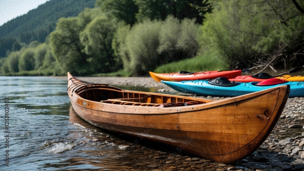 Wooden canoe and kayaks on tranquil riverbank surrounded by lush trees and mountains Copy Space Wooden canoe and kayaks on tranquil riverbank surrounded by lush trees and mountains Copy Space