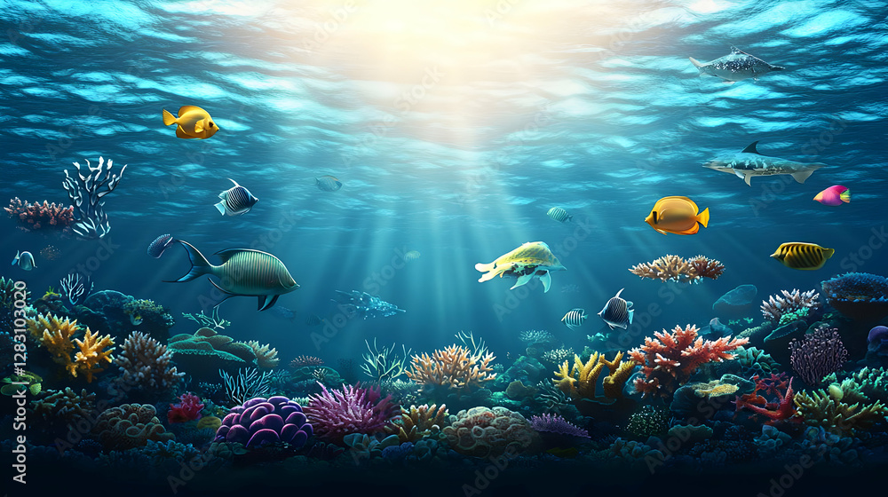 Naklejka premium Pixelated Underwater Scene with Diverse Fish and Coral Reef Illuminated by Sunbeams