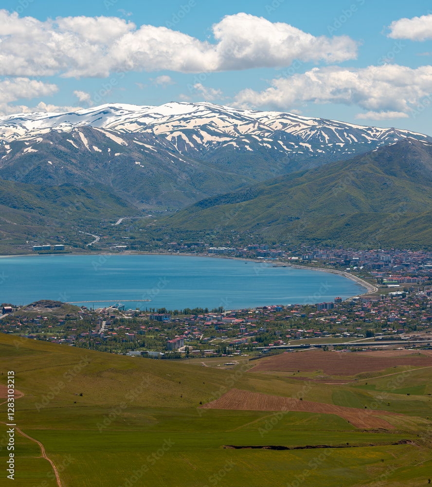 View over the Lake Van and the town of Tatvan, in the province of Bitlis, Turkey