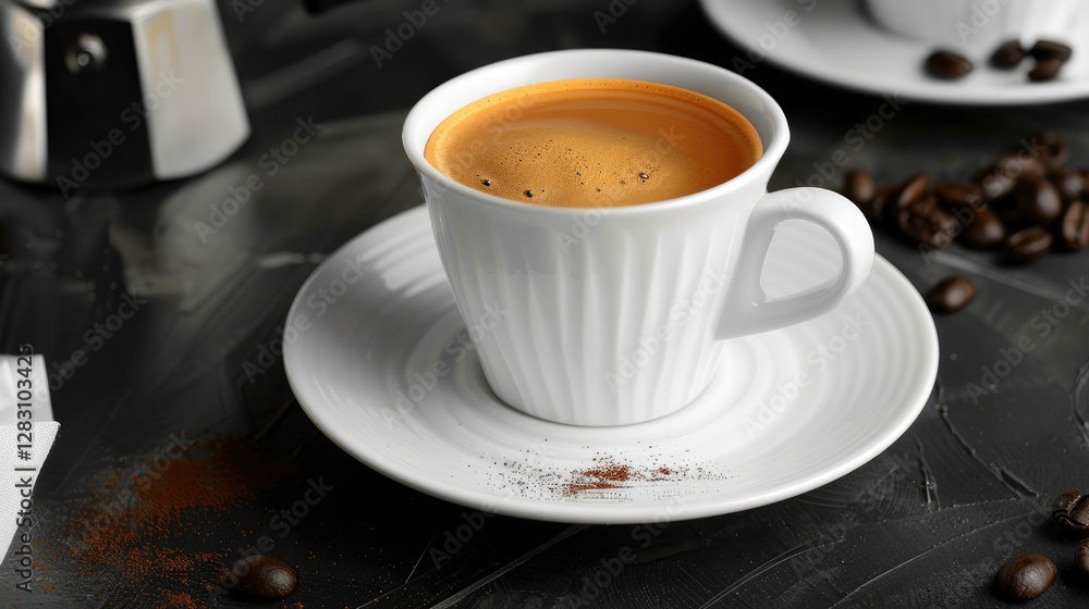 Fototapeta premium Aromatic Espresso Coffee in White Cup Dark Background Coffee Beans
