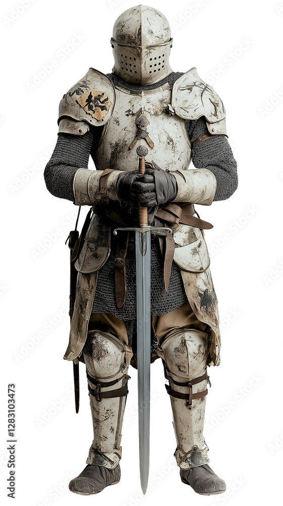 The images feature medieval knights in battle-worn armor, standing solemnly with their swords in a poised and disciplined stance. The images feature medieval knights in battle-worn armor, standing solemnly with their swords in a poised and disciplined stance.